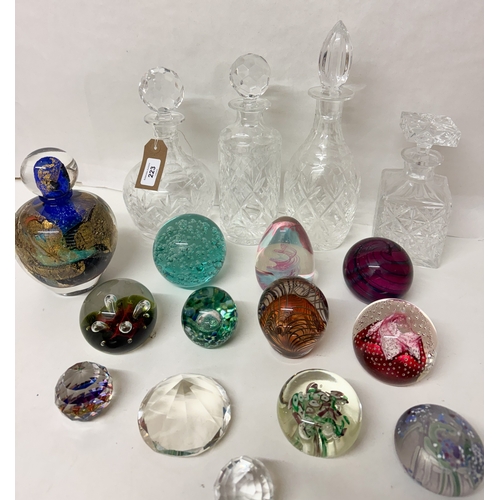 223 - Four cut glass decanters with stoppers together with a Jean- Claude Novaro hand blown Art Glass perf... 