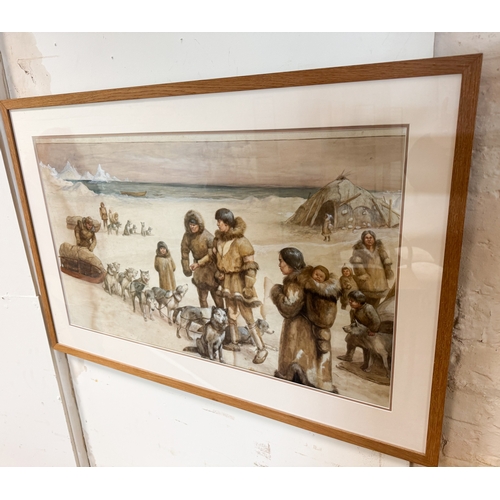 112 - A large framed watercolour depicting Eskimos with huskies in the Artic, by M Dorothy Hardy, signed l... 