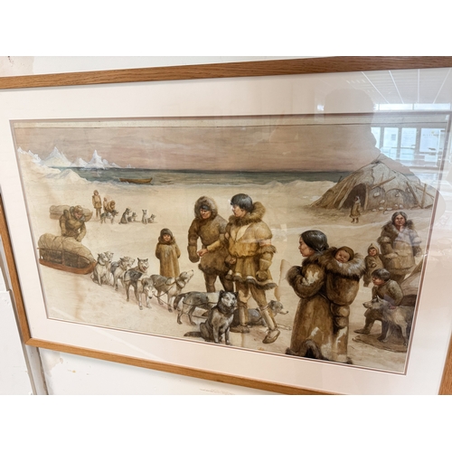 112 - A large framed watercolour depicting Eskimos with huskies in the Artic, by M Dorothy Hardy, signed l... 