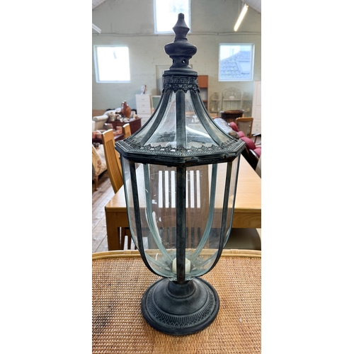 87 - A large statement Verdigris effect table lantern on a circular base, 30