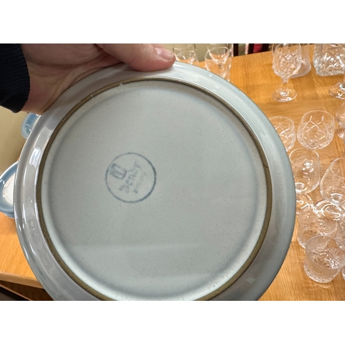 646 - A large quantity of cut glass ware to include decanters together with a quantity of Denby blue glaze... 