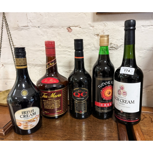 174 - A bottle of Tia Maria, a bottle of Irish cream liqueur, a bottle of cream sherry and two other bottl... 