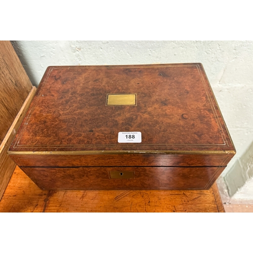 188 - A Victorian brass mounted burr walnut writing box