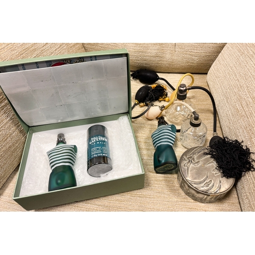 525 - Assorted atomiser scent bottles and a John Paul Gaultier Le Male Gift set