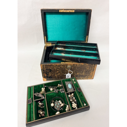 470 - A Victorian jewellery box containing silver and marcasite pieces, faux pearl earrings with two lift ... 