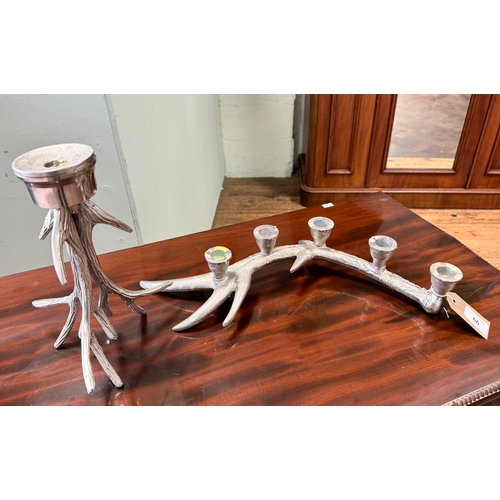 66 - A silver plated aluminium antler style candle stick and an antler style candelabra