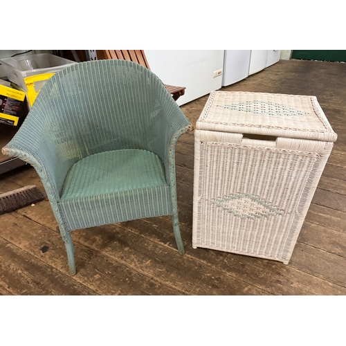 270 - A blue Lloyd Loom bedroom chair and white Lloyd Loom linen basket