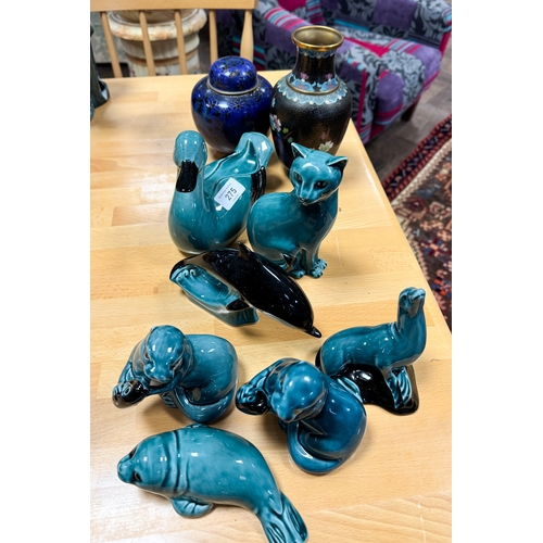 275 - A collection of seven Poole Pottery blue haze animal figurines and two Cloisonne vases