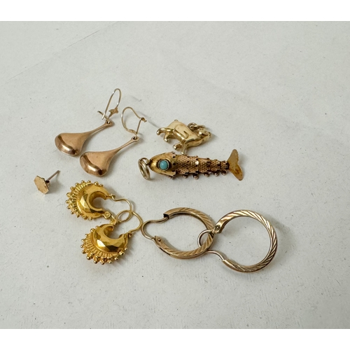 448 - A pair of hallmarked 9ct gold creole hoop earrings, yellow metal articulated fish pendant and other ... 