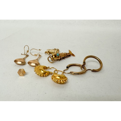 448 - A pair of hallmarked 9ct gold creole hoop earrings, yellow metal articulated fish pendant and other ... 