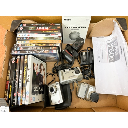 666 - Digital and other camera wares together with a small quantity of dvd's