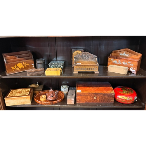 A collection of treen boxes, cigarette boxes, dominoes etc