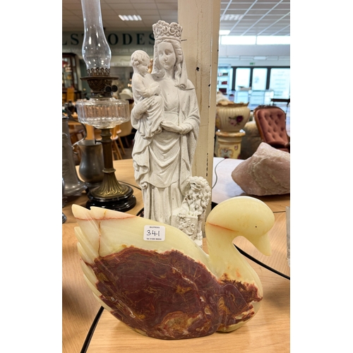 341 - A large carved onyx duck figure and a white painted plaster model of the Madonna