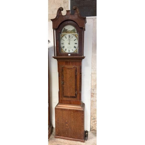 343 - John Fawcett, Finkle Street, Richmond, thirty hour oak and mahogany long case clock with painted arc... 