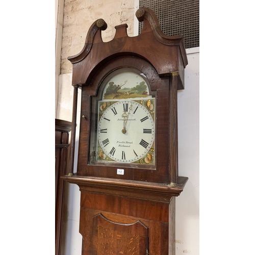 343 - John Fawcett, Finkle Street, Richmond, thirty hour oak and mahogany long case clock with painted arc... 
