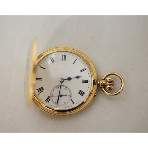 375 - An 18ct yellow gold half hunter pocket watch with a blue enamel chapter ring to the front cover, Mov... 