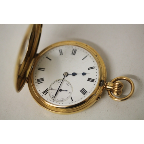 375 - An 18ct yellow gold half hunter pocket watch with a blue enamel chapter ring to the front cover, Mov... 