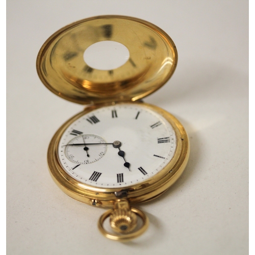 375 - An 18ct yellow gold half hunter pocket watch with a blue enamel chapter ring to the front cover, Mov... 