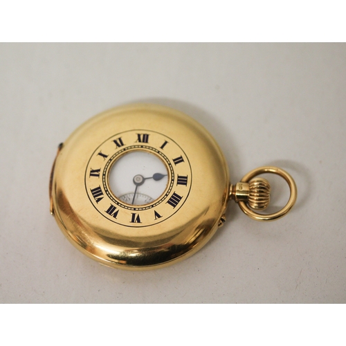 375 - An 18ct yellow gold half hunter pocket watch with a blue enamel chapter ring to the front cover, Mov... 