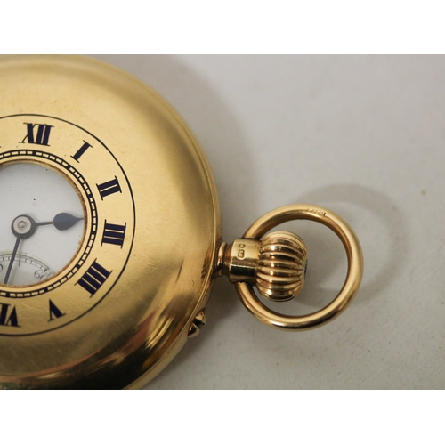 375 - An 18ct yellow gold half hunter pocket watch with a blue enamel chapter ring to the front cover, Mov... 