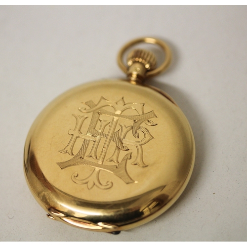 375 - An 18ct yellow gold half hunter pocket watch with a blue enamel chapter ring to the front cover, Mov... 