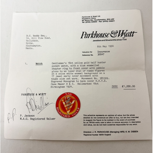 375 - An 18ct yellow gold half hunter pocket watch with a blue enamel chapter ring to the front cover, Mov... 