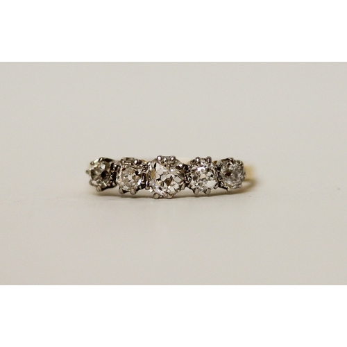 385 - An antique five stone diamond ring on unmarked gold band, presumed to be 18ct, ring size L/M, 1.7 gr... 