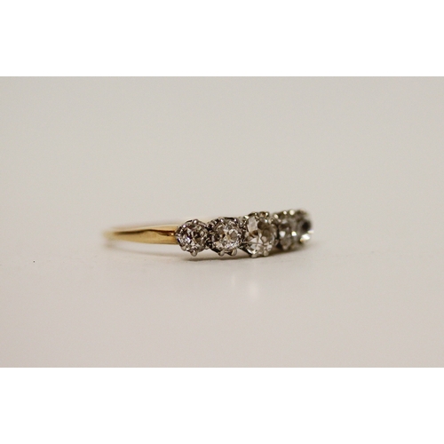 385 - An antique five stone diamond ring on unmarked gold band, presumed to be 18ct, ring size L/M, 1.7 gr... 