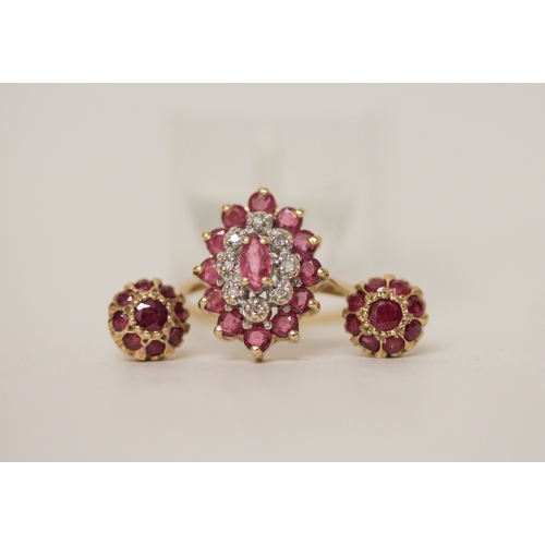 386 - A 9ct gold ruby and diamond oval and cluster ring together with a pair of ruby cluster earrings on 9... 
