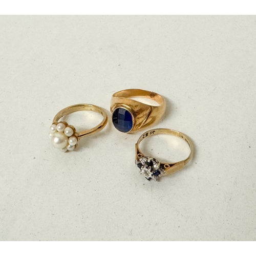 394 - Two 9ct gold dress rings and a French signet ring set with a blue stone, 7.4 grams