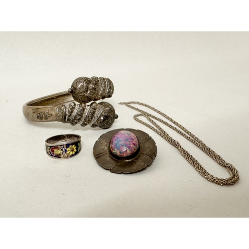 404 - A silver and opalite brooch together with a chain necklace, a Victorian bangle and an enamel ring et... 