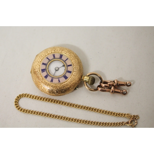 403 - 19th century Swiss 18k fob watch, with pink guilloche enamel to the outer chapter ring, outer case m... 