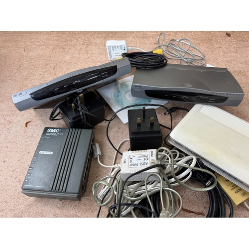 Three internet routers together with an SMC switch etc