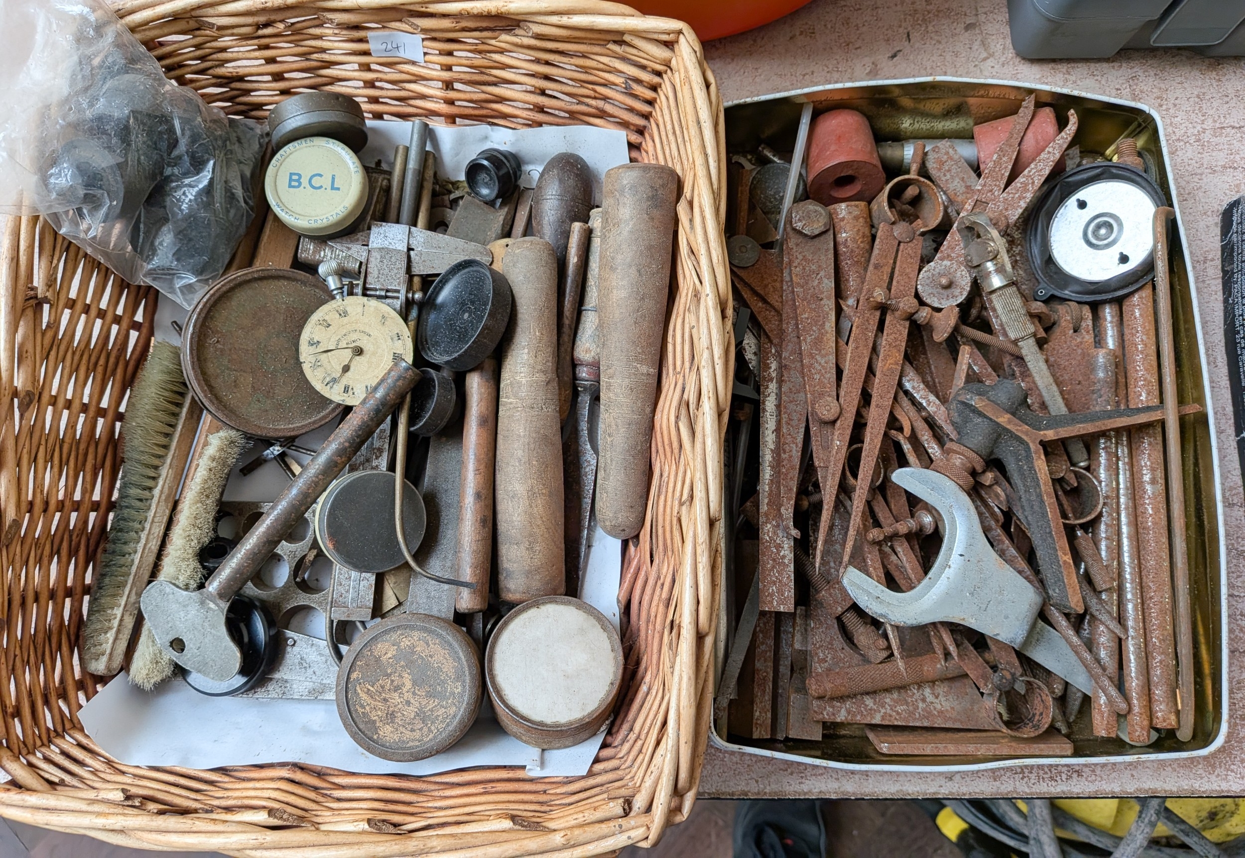 A collection of old hand tools and other accessories to include chisels ...