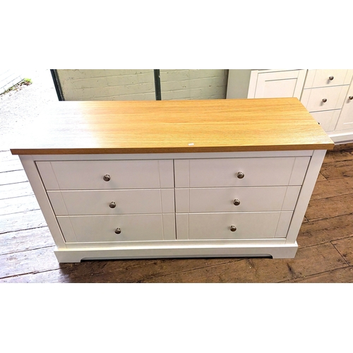 16 - A long modern white chest of six drawers with light oak top and chrome knob handles, 51 1/2