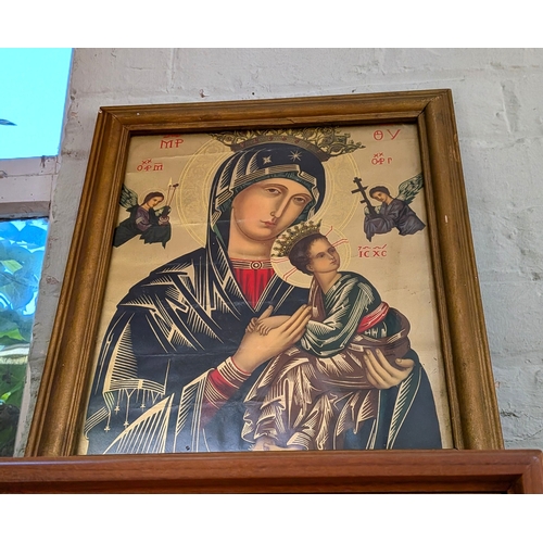 47 - A devotional picture together with a vintage print of rabbits after Margaret Ross, both framed and g...