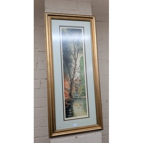 48 - A pair of French watercolours of river and landscape scenes in gilt frames, image size 23