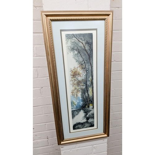 48 - A pair of French watercolours of river and landscape scenes in gilt frames, image size 23