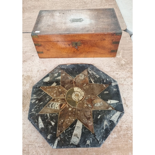 52 - A Victorian brass mounted walnut mounted writing box together with a Pietra dura style fossil inset ... 