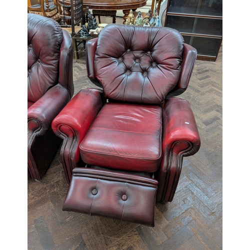 56 - A Chesterfield style three piece lounge suite in buttoned antique style red leather - one chair recl... 