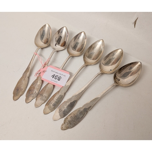Set of six Sterling silver trefid shaped tea spoons, engraved initials ...
