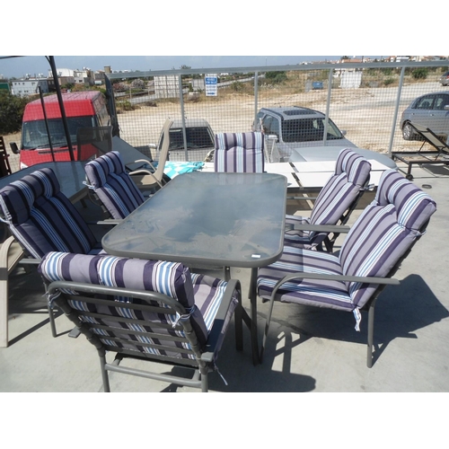 2038 - Outdoor Glass Top Table with 6 x Matching  Chairs and 6 x Cushions