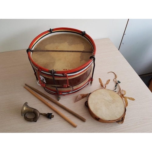 1020 - Vintage Drum, Drum Sticks, Tambourine & Brass Horn, a/f, (3x)