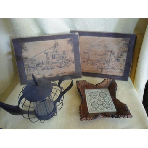 863 - Wooden Ashtray, 2 x Wooden Carved Pictures of Cypriot Life, Teapot Shaped Table Pattern