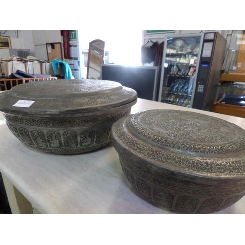 1035 - A Pair of Tin Handmade Chiseled Dishes with Lids from Persia