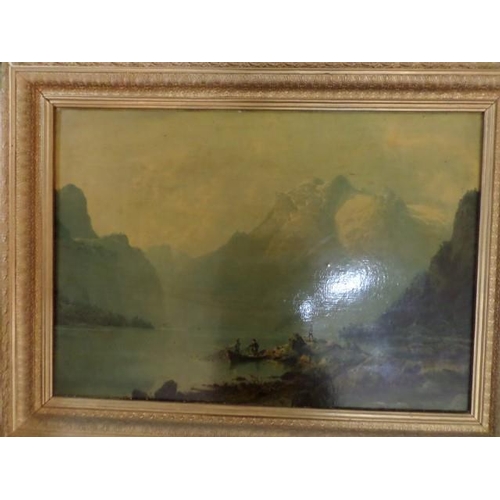 683 - Painting of Mountains & River Scene in Guilt Frame