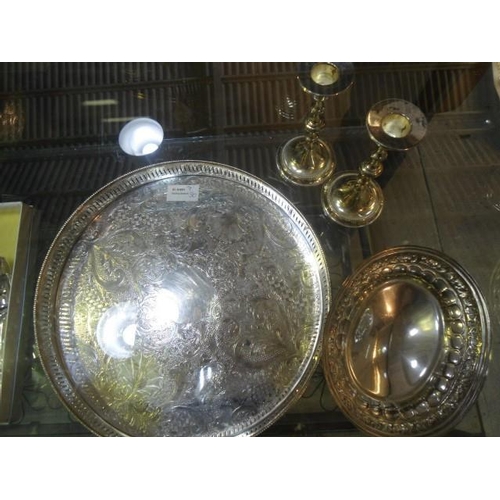 909 - Silver Plated Round Tray & Candle Holder