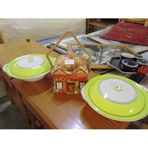 779 - Ceramic Biscuit Barrel & 2 x Yellow/ White/ Gold Rims & Dish with Lid, Johnsons Bros