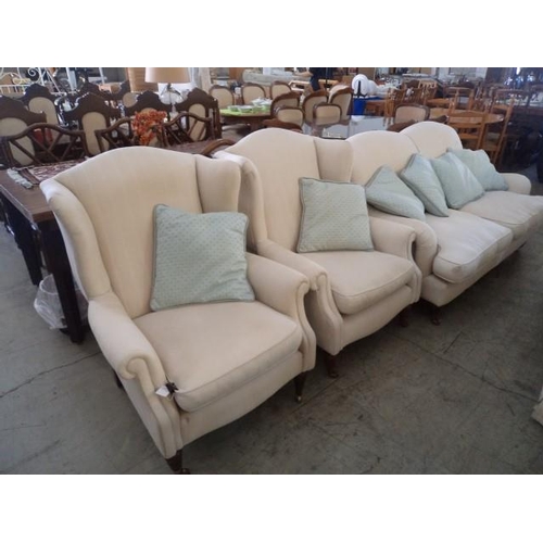 770 - Classical 2-Seater Sofa with Pair of Wing Back Armchairs, Casters on Front Feet & 6 x Scatter Cushio... 