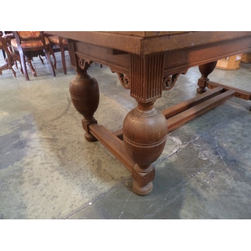 545 - • Antique Solid Oak Extendable Refectory Dinning Table with Bulbous Legs and Carvings